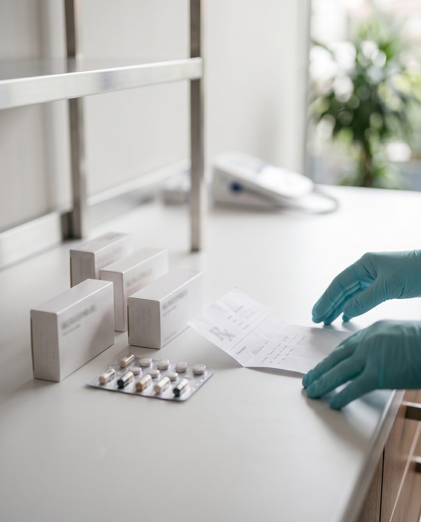 Medication boxes and a prescription on a clinic counter