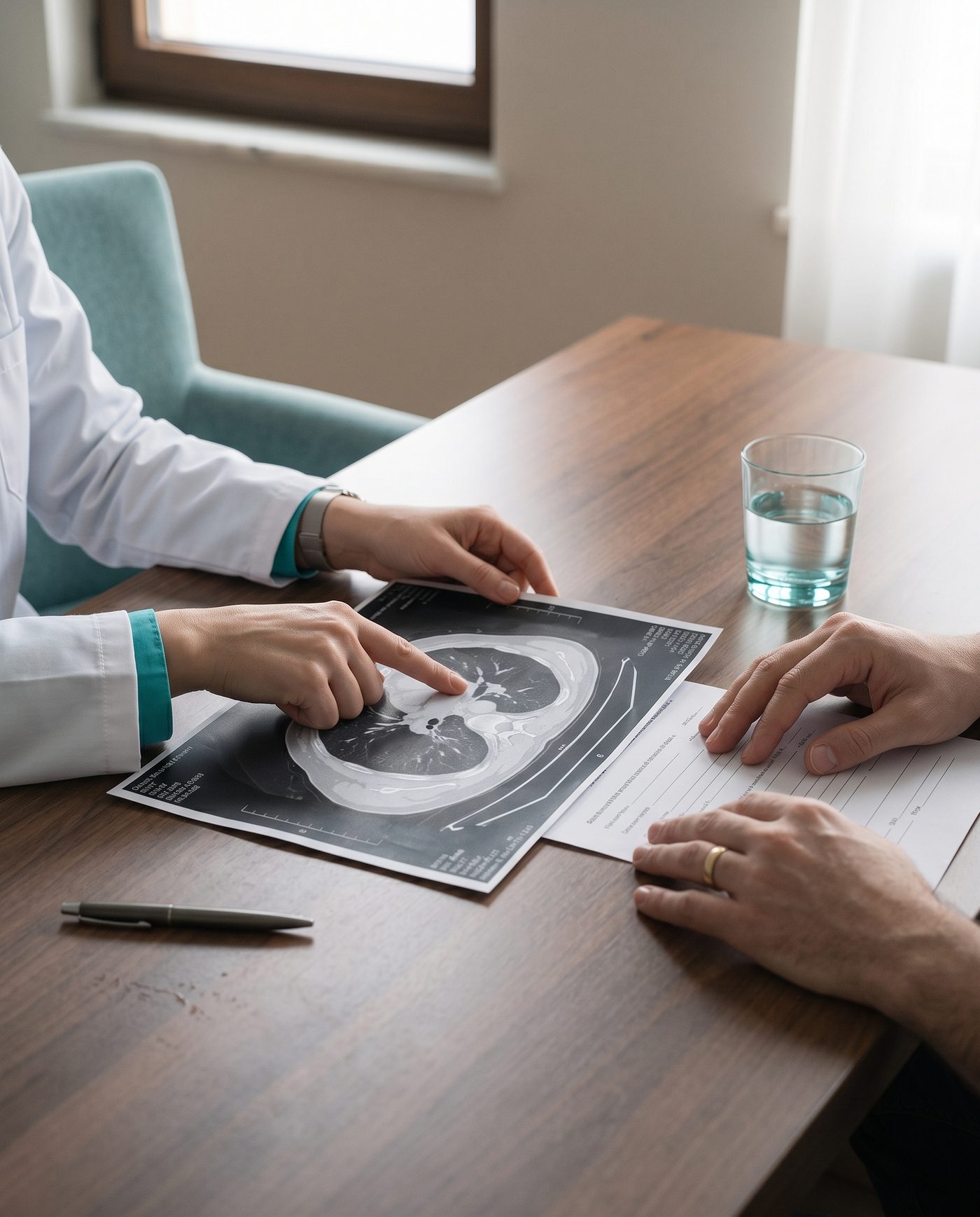 A doctor explaining an imaging printout during a consultation